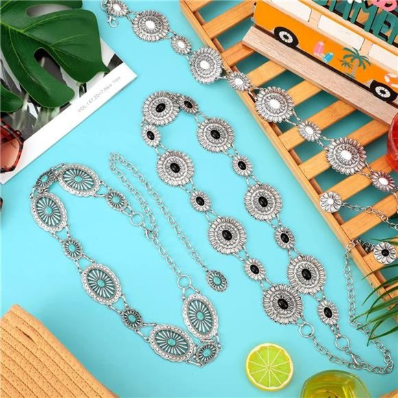Junkin 3 Pcs Concho Turquoise Chain Belts Antique Western Waist Belts Metal Belt main image 5
